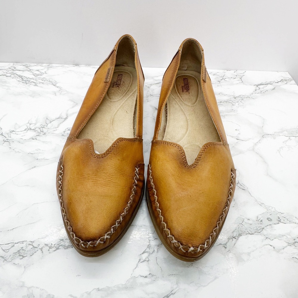 Pikolinos Leather Ballet Flats Womens EU 42/US 11 Tan Whipstitch Pointed Toe